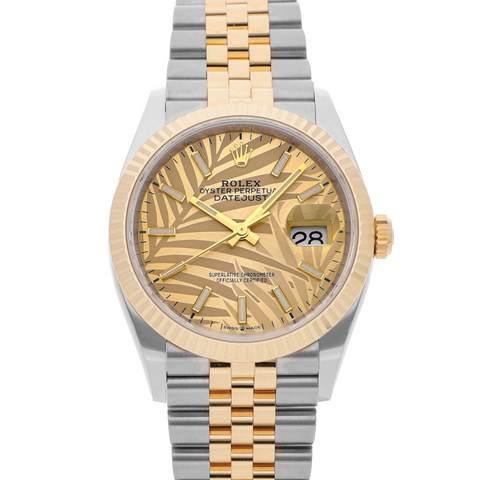 Rolex Datejust 36mm 18k Yellow Gold Two Tone Golden Palm Dial Jubilee ｜ Full Set