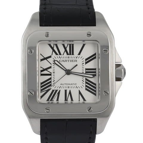 Cartier Santos 100 Silver Dial Black Strap Stainless Steel W20073X8 ｜ Full Set